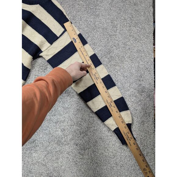 Vintage 80s 90s Reed St James Sweater L Blue Cream Stripe Preppy Heritage Knit - Picture 5 of 10